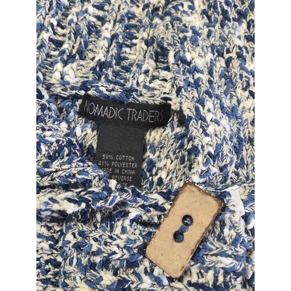 Nomadic Traders Y2K Knit Sweater M Blue Navy White Chunky Wood Buttons - Picture 8 of 10